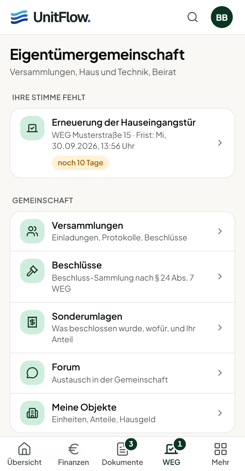 Originalansicht Meine WEG im Eigentümerportal mit Demodaten